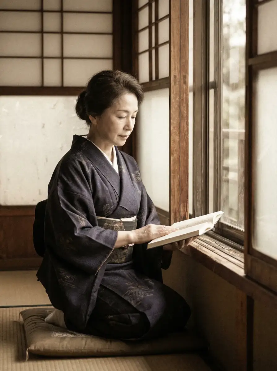 一位优雅的五十岁 日本免费一区二区三区视频观看 身穿深蓝色和服，在窗边静读